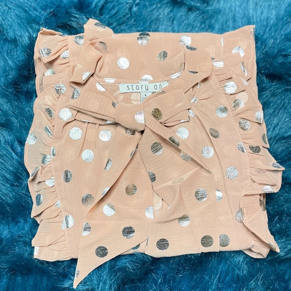 Mauve/Silver Sheer Long Sleeve Polka Dot Neck Tie Blouse - Picture 7 of 15